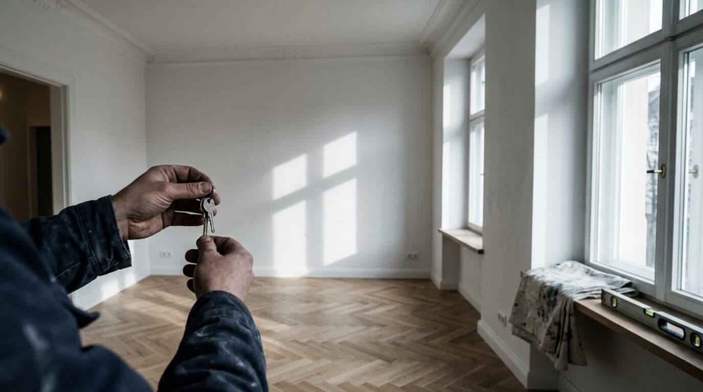 Übergabe einer fertig sanierten Altbauwohnung: Schlüssel in der Hand vor gespachtelter Wand und neu verlegtem Fischgrätparkett