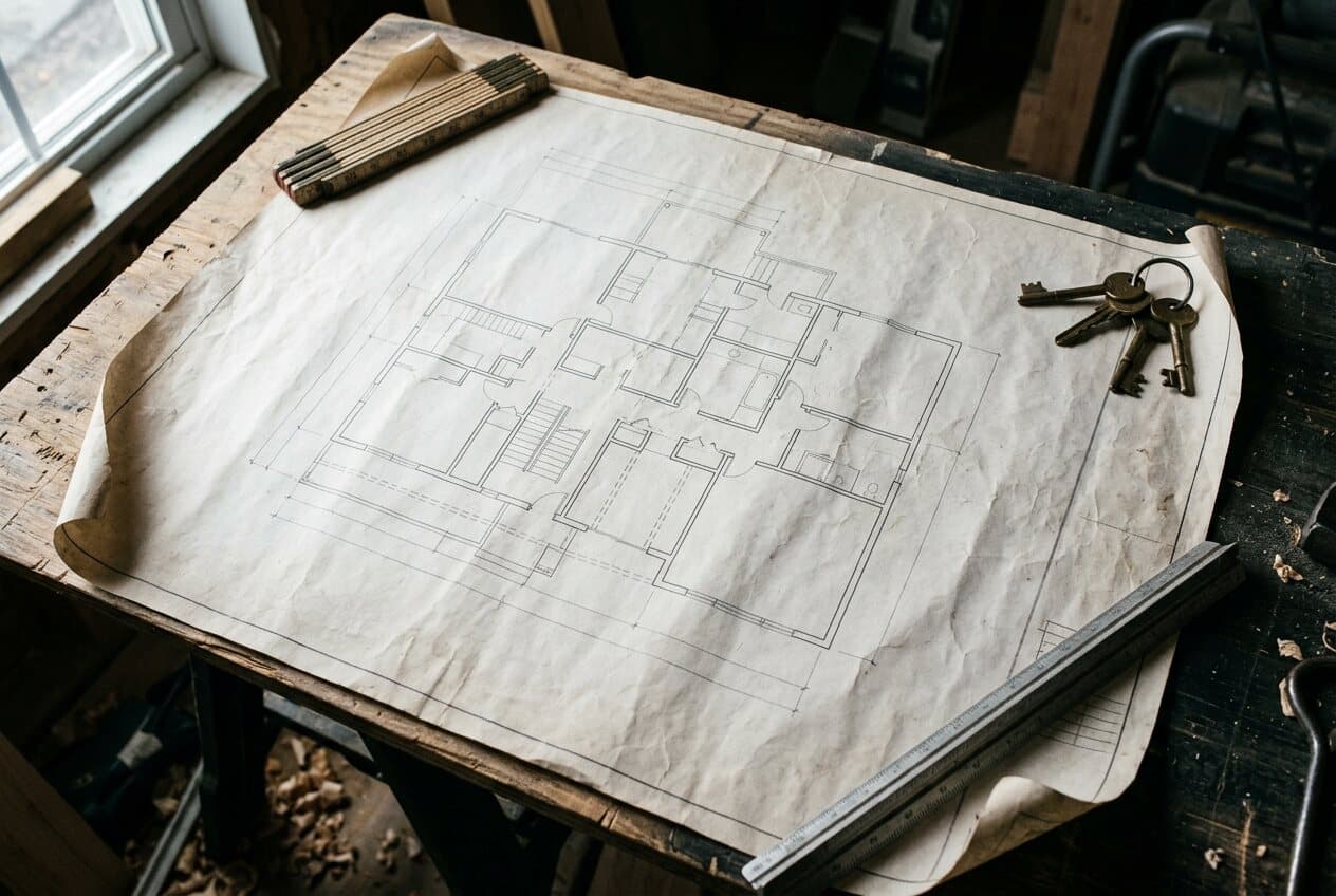 Aufgerollter Grundrissplan mit Zollstock und Massstab auf der Baustelle