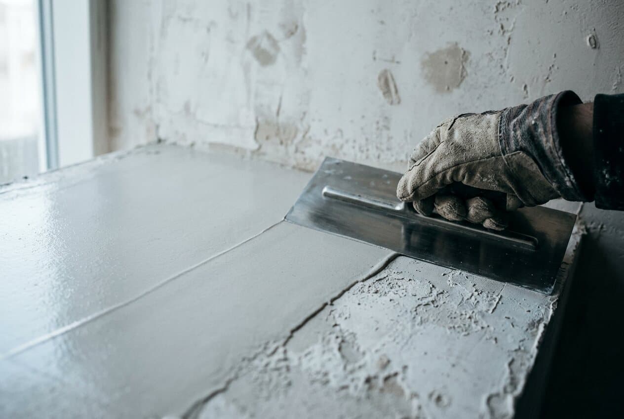 Spachtelzug mit der Traufel auf frisch verputzter Wand