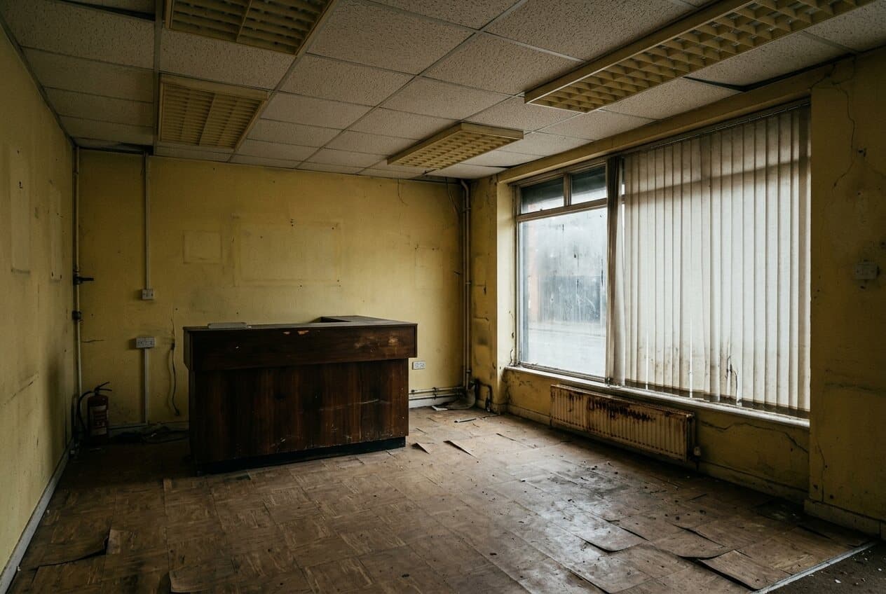 Vergilbte Gewerbefläche vor dem Umbau mit alter Empfangstheke